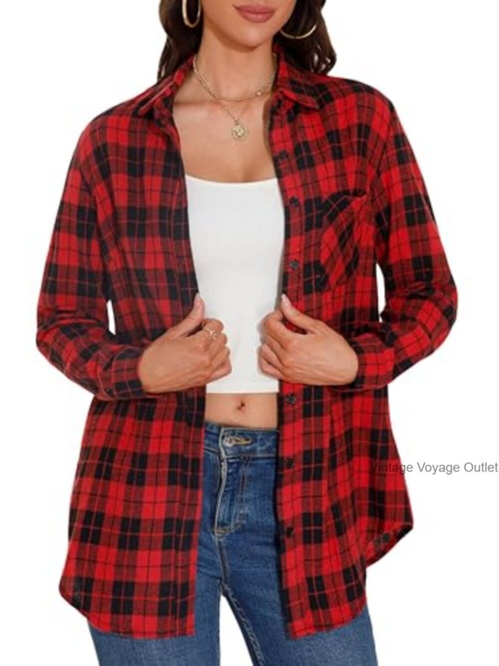 Womens Plaid Button Down Shirt Long Sleeve Cotton Blend Flannel Shacket